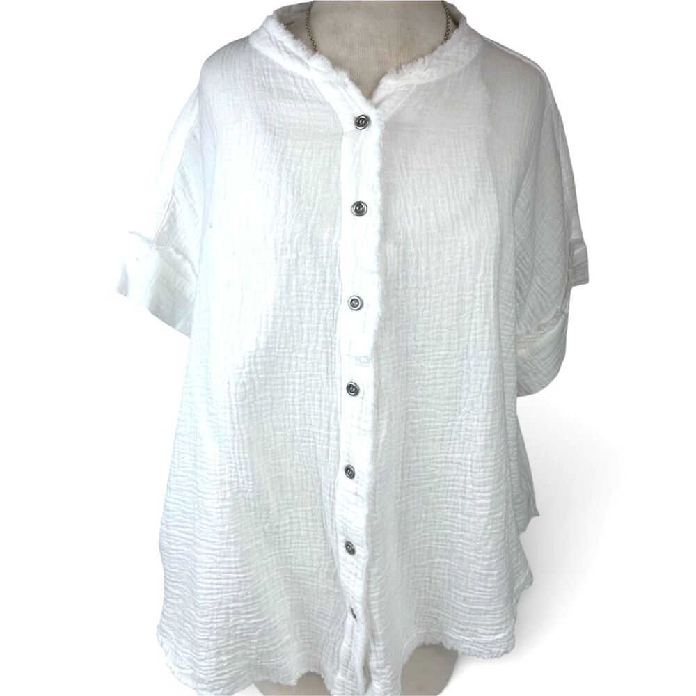 Aakaa Relaxed Raw Hem Cotton Gauze Button Up Short Sleeved Blouse Womens